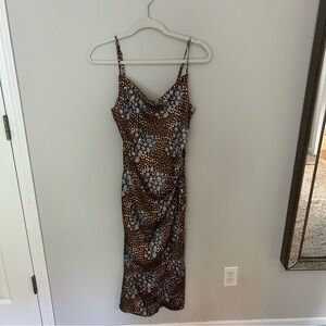 NWT Re-Named Midi Satin Brown and Blue Patteren Dress Medium